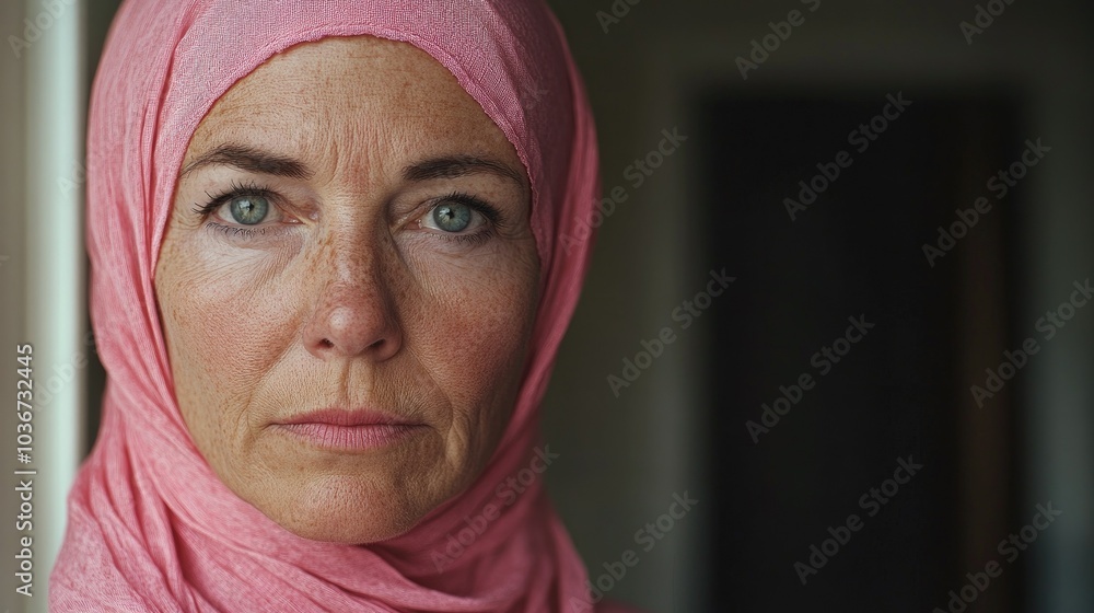 A older woman with cancer, wearing a pink scarf, looks directly into the camera Breast Cancer support A older woman with cancer, wearing a pink scarf, looks directly into the camera Breast Cancer support