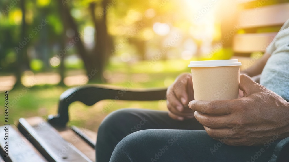 Middle-aged man with slight tremor holding cup of coffee on park bench, symbolizing struggle with Parkinson's disease, calm natural setting. Middle-aged man with slight tremor holding cup of coffee on park bench, symbolizing struggle with Parkinson's disease, calm natural setting.