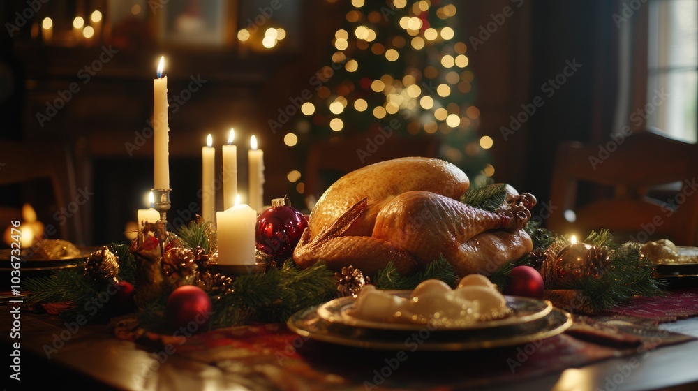 A festive feast with a golden turkey, candles, and ornaments set on a cozy holiday table
