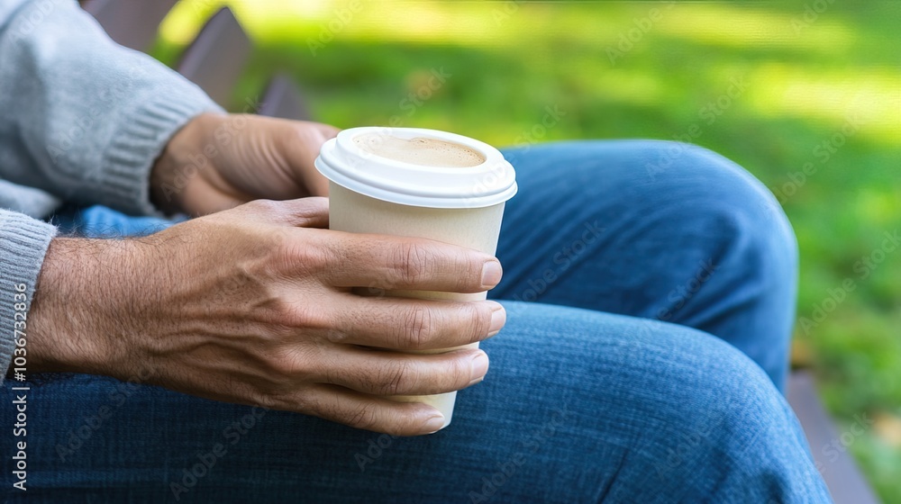 Middle-aged man with slight tremor holding cup of coffee on park bench, symbolizing struggle with Parkinson's disease, calm natural setting. Middle-aged man with slight tremor holding cup of coffee on park bench, symbolizing struggle with Parkinson's disease, calm natural setting.
