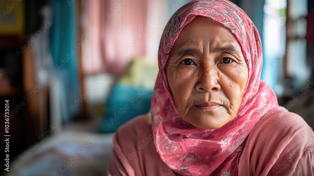 A older woman with cancer, wearing a pink scarf, looks directly into the camera Breast Cancer support A older woman with cancer, wearing a pink scarf, looks directly into the camera Breast Cancer support