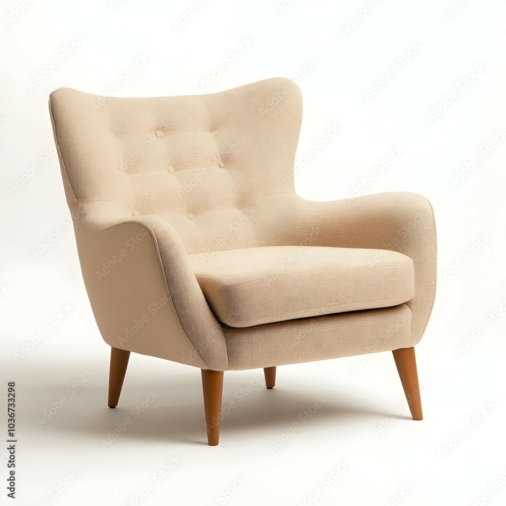 Elegant Beige Armchair with Wooden Legs in Minimalist Design Elegant Beige Armchair with Wooden Legs in Minimalist Design