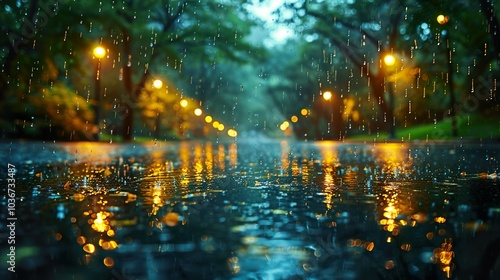 Rainy Night in the City: Street Lights Reflecting on Wet Asphalt