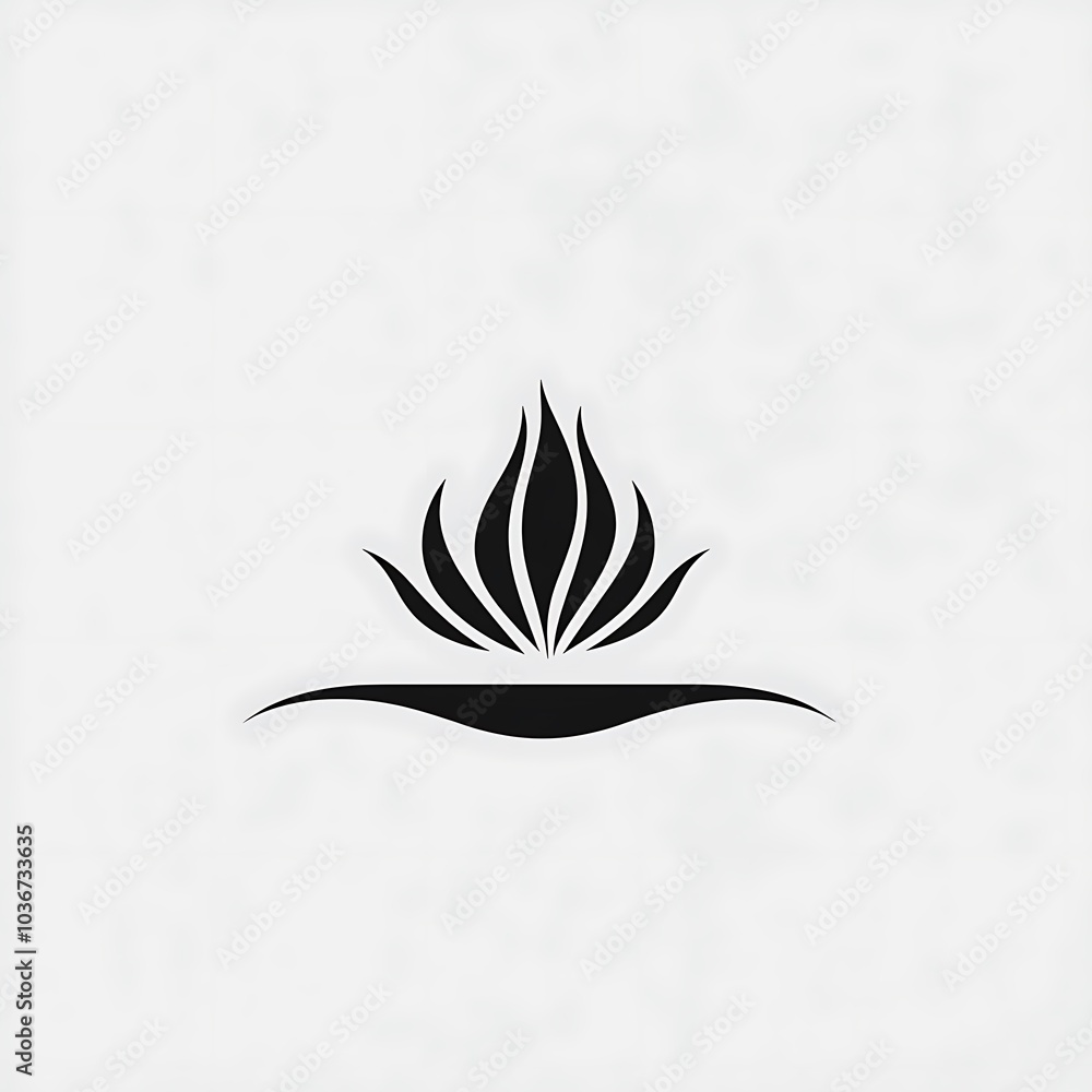 Obraz premium Abstract black and white floral icon with a stylized flame shape on a gray background.
