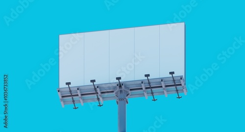 Viewed from below, a blank billboard template stands out against the sky, ready for outdoor advertising mock-ups. Its design features highlight projectors at the base for illumination its message.