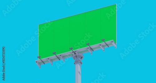 A green billboard template is seen from below against the backdrop of the sky. It serves as an outdoor advertisement preview template. The design of the board includes bottom highlight projectors.