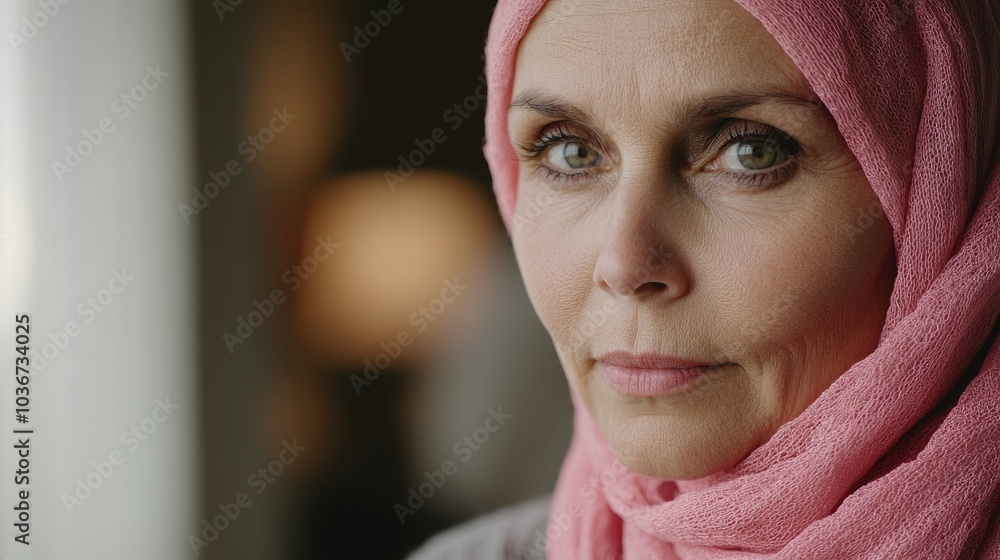 A older woman with cancer, wearing a pink scarf, looks directly into the camera Breast Cancer support A older woman with cancer, wearing a pink scarf, looks directly into the camera Breast Cancer support