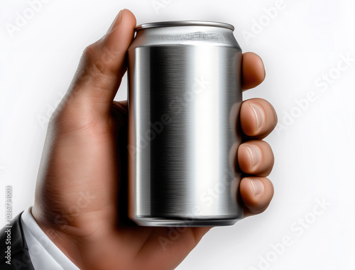 A hand holding a silver can of soda