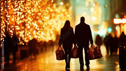 Couple walking together, holding shopping bags, illuminated by festive lights.