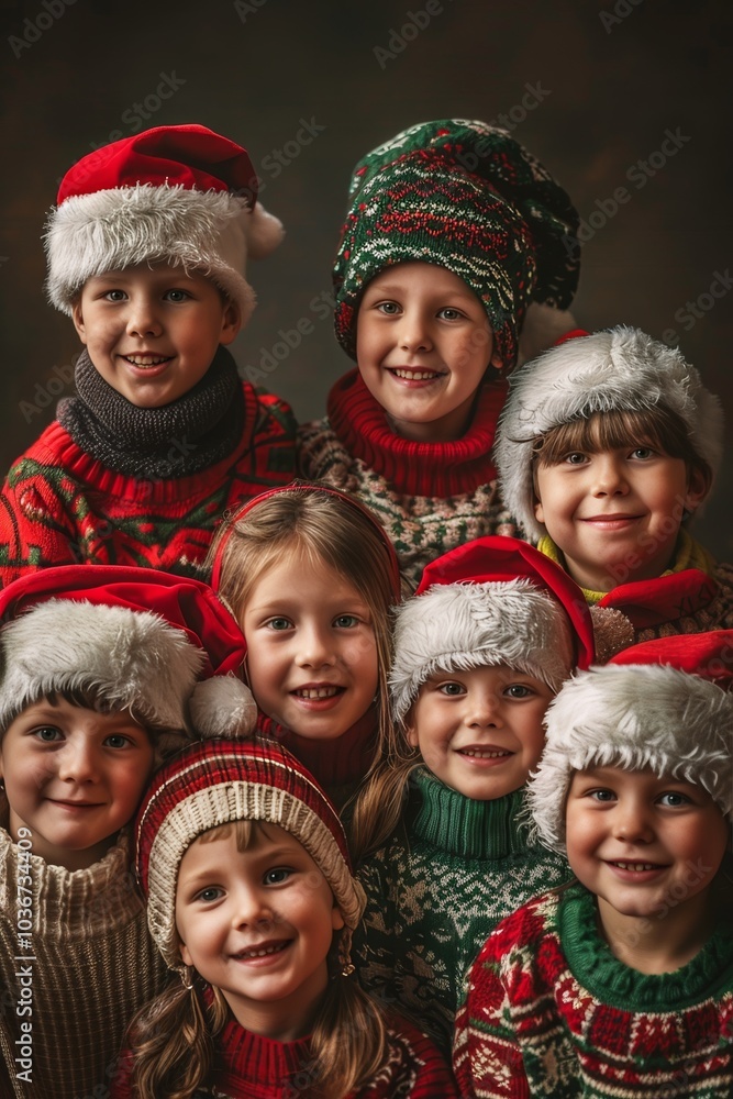 Cheerful children in christmas sweaters and hats Cheerful children in christmas sweaters and hats