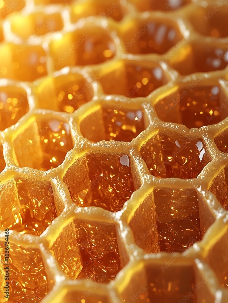 Close-up of a vibrant honeycomb structure, showcasing the intricate hexagonal cells filled with golden honey, reflecting warm light beautifully. Close-up of a vibrant honeycomb structure, showcasing the intricate hexagonal cells filled with golden honey, reflecting warm light beautifully.