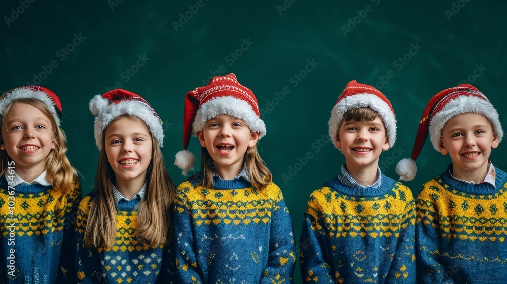 Joyful children in festive knitwear Joyful children in festive knitwear