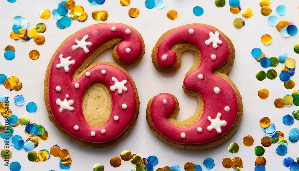 Decorated cookie, number 63, image for birthday or anniversary celebration Decorated cookie, number 63, image for birthday or anniversary celebration