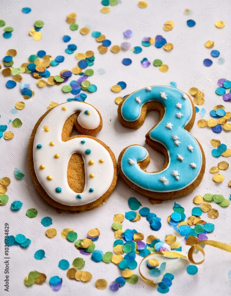Decorated cookie, number 63, image for birthday or anniversary celebration Decorated cookie, number 63, image for birthday or anniversary celebration