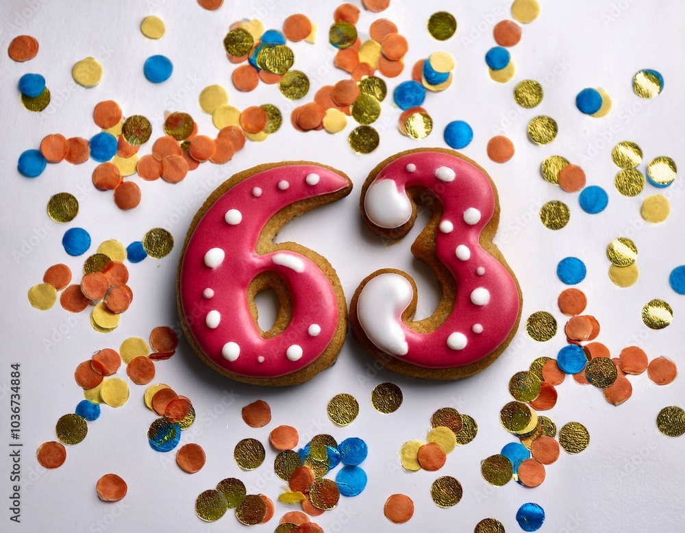 Decorated cookie, number 63, image for birthday or anniversary celebration Decorated cookie, number 63, image for birthday or anniversary celebration