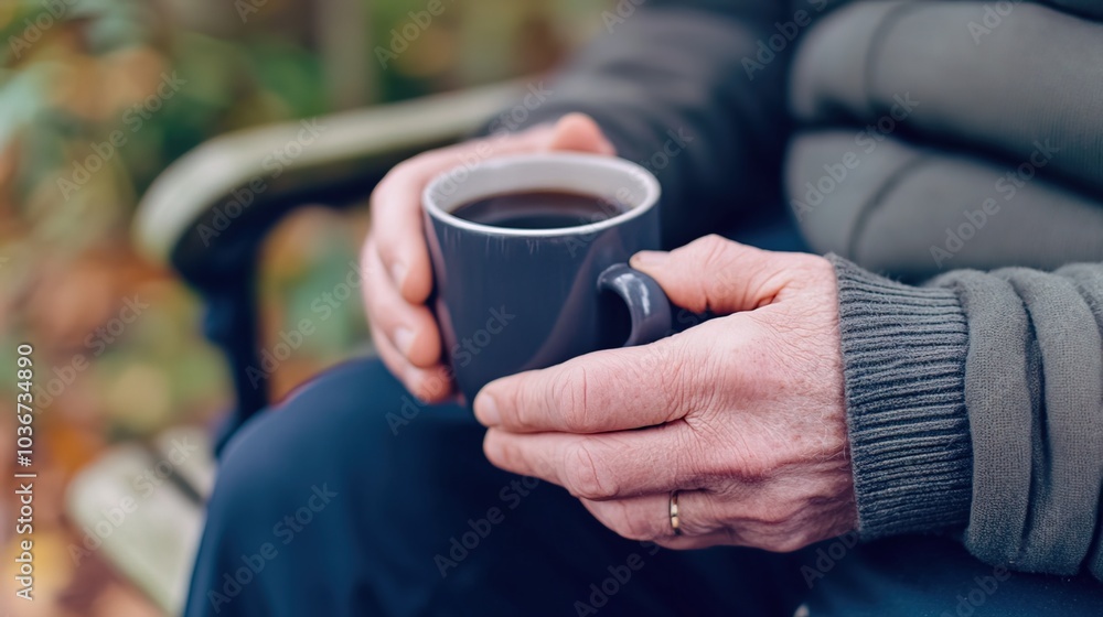 Middle-aged man with slight tremor holding cup of coffee on park bench, symbolizing struggle with Parkinson's disease, calm natural setting. Middle-aged man with slight tremor holding cup of coffee on park bench, symbolizing struggle with Parkinson's disease, calm natural setting.