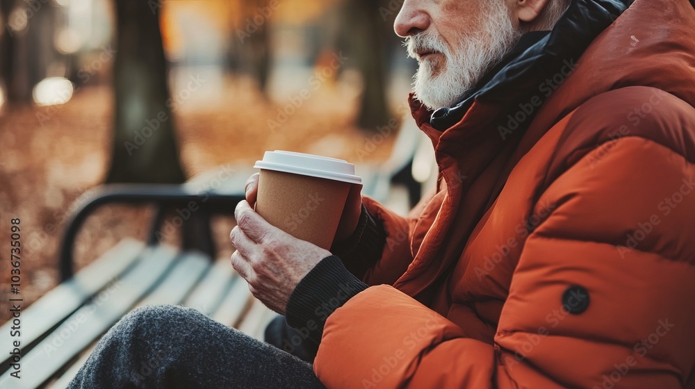 Middle-aged man with slight tremor holding cup of coffee on park bench, symbolizing struggle with Parkinson's disease, calm natural setting. Middle-aged man with slight tremor holding cup of coffee on park bench, symbolizing struggle with Parkinson's disease, calm natural setting.