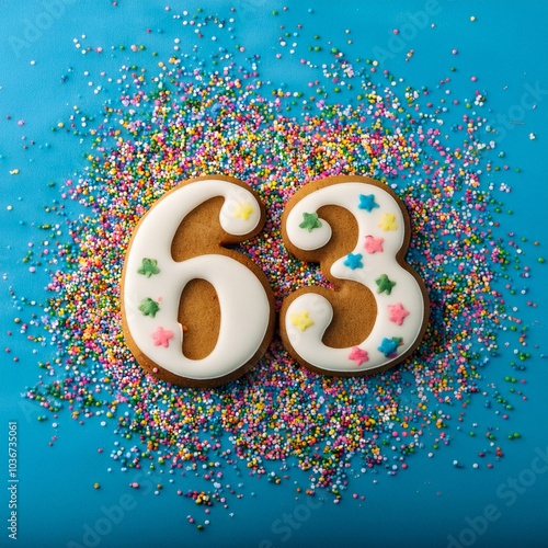 Decorated cookie, number 63, image for birthday or anniversary celebration