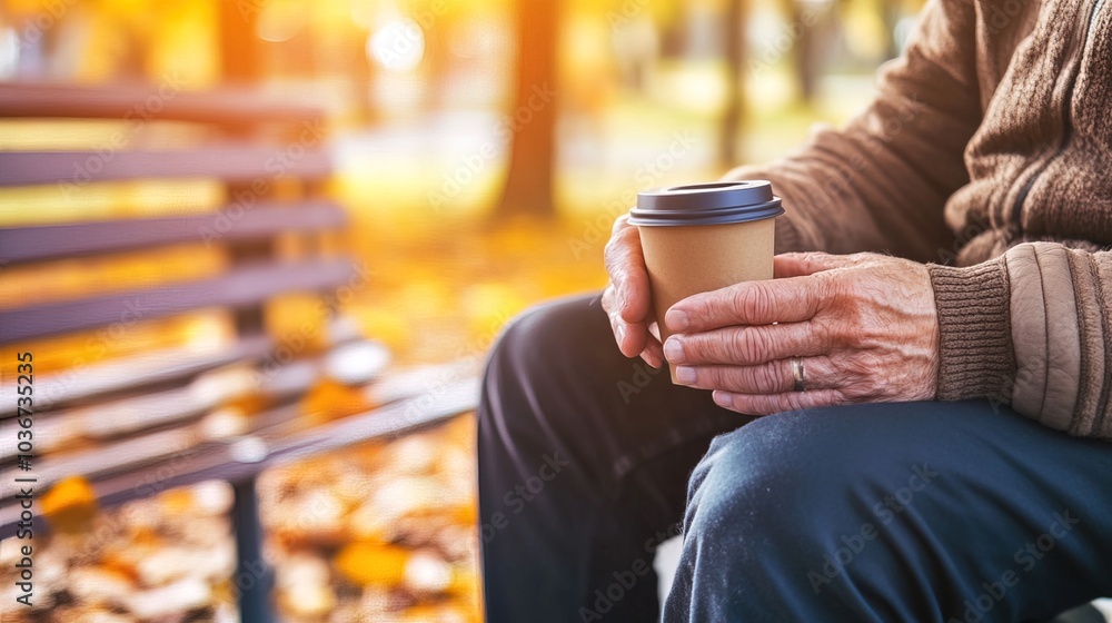 Middle-aged man with slight tremor holding cup of coffee on park bench, symbolizing struggle with Parkinson's disease, calm natural setting. Middle-aged man with slight tremor holding cup of coffee on park bench, symbolizing struggle with Parkinson's disease, calm natural setting.