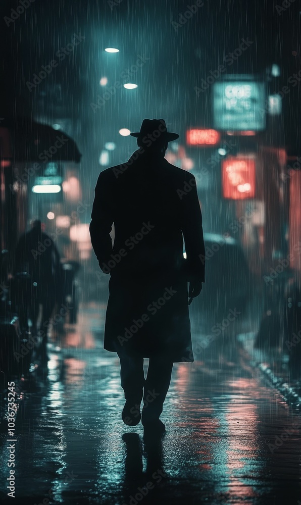 Obraz premium Silhouette walking in rain at night.