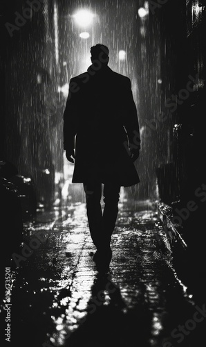 Silhouette of a man walking in the rain.