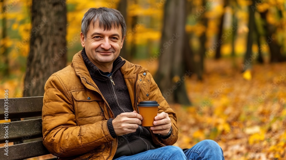 Middle-aged man with slight tremor holding cup of coffee on park bench, symbolizing struggle with Parkinson's disease, calm natural setting. Middle-aged man with slight tremor holding cup of coffee on park bench, symbolizing struggle with Parkinson's disease, calm natural setting.