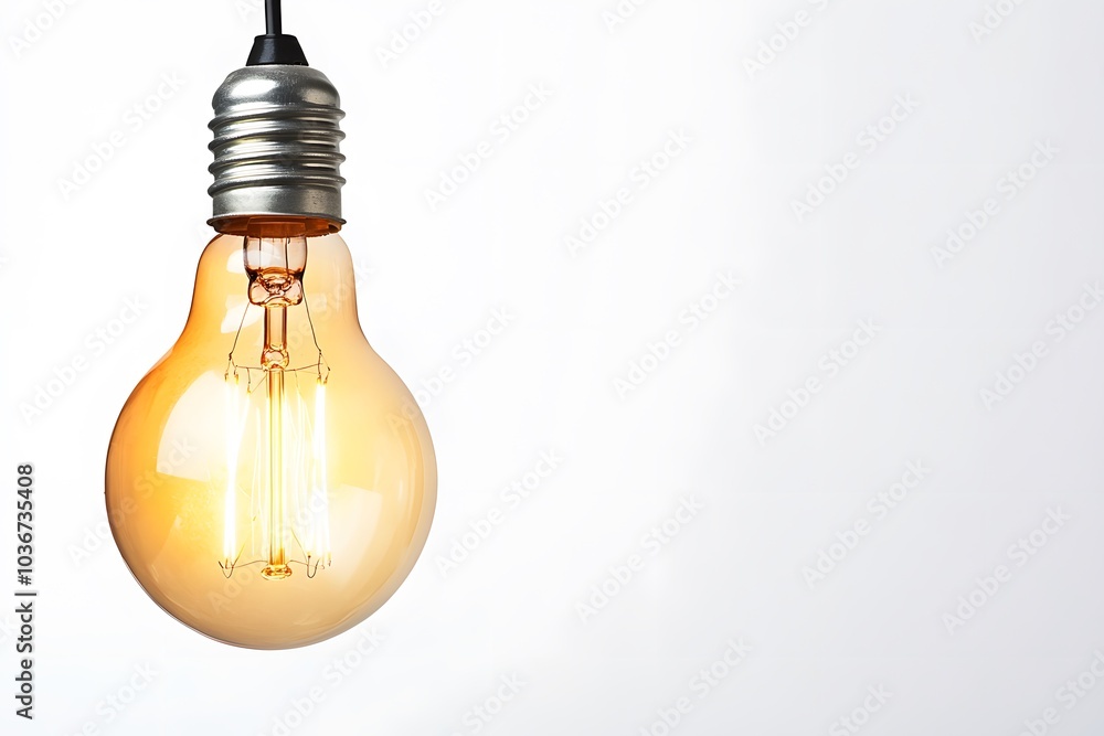 A Single Lit Lightbulb Hanging Against a White Background A Single Lit Lightbulb Hanging Against a White Background
