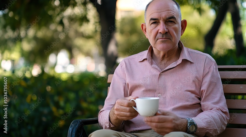 Middle-aged man with slight tremor holding cup of coffee on park bench, symbolizing struggle with Parkinson's disease, calm natural setting. Middle-aged man with slight tremor holding cup of coffee on park bench, symbolizing struggle with Parkinson's disease, calm natural setting.
