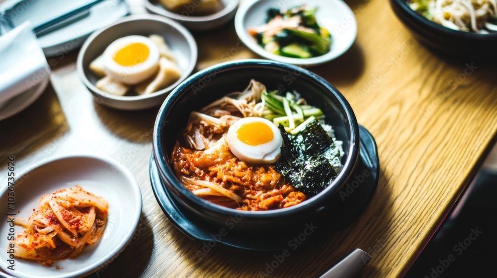 Vibrant Kimchi and Side Dishes in Natural Light Setting Vibrant Kimchi and Side Dishes in Natural Light Setting