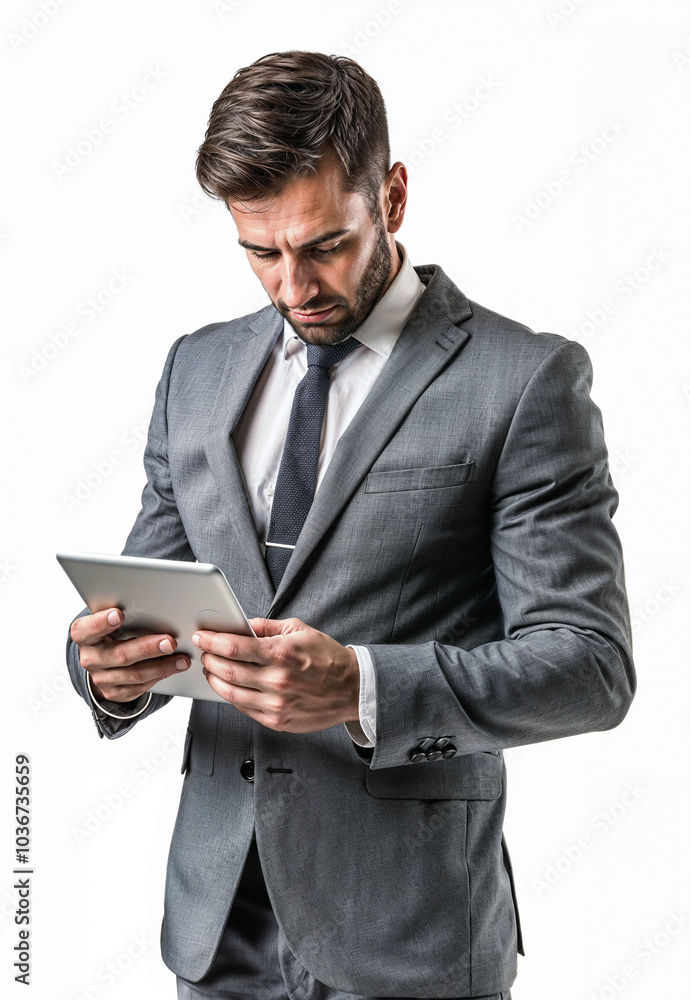Businessman in gray suit examining tablet with furrowed brow. Concentrated expression, short dark hair and beard isolated on transparent background cutout. Problem solving concept. Businessman in gray suit examining tablet with furrowed brow. Concentrated expression, short dark hair and beard isolated on transparent background cutout. Problem solving concept.