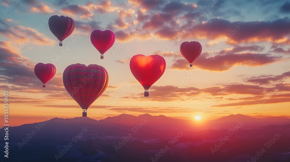 Fototapeta premium Valentine's Day hot air balloons in a sunset sky: 3D-rendered sky filled with colorful heart-shaped