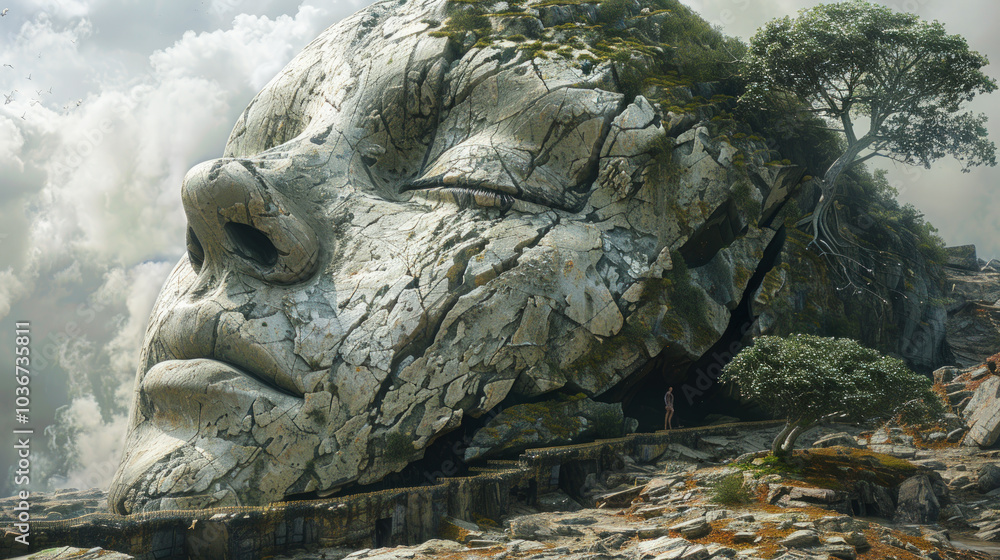 Giant stone face sculpture integrated into natural landscape
Giant stone face sculpture integrated into natural landscape