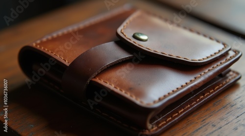 A close-up of a worn leather wallet highlighting the patina and textures of the leather, capturing the details.