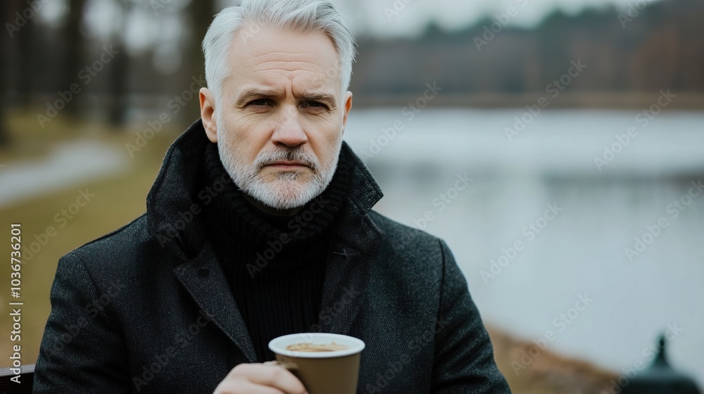 Middle-aged man with slight tremor holding cup of coffee on park bench, symbolizing struggle with Parkinson's disease, calm natural setting. Middle-aged man with slight tremor holding cup of coffee on park bench, symbolizing struggle with Parkinson's disease, calm natural setting.