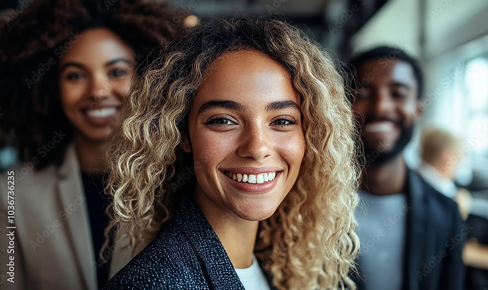 Cheerful business colleagues smiling at the camera happily, Generative AI Cheerful business colleagues smiling at the camera happily, Generative AI