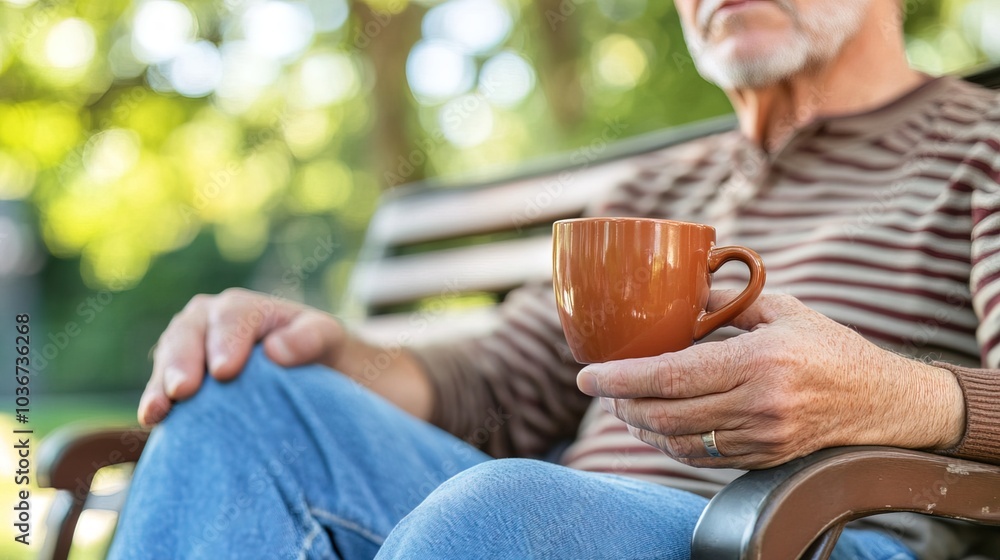 Middle-aged man with slight tremor holding cup of coffee on park bench, symbolizing struggle with Parkinson's disease, calm natural setting. Middle-aged man with slight tremor holding cup of coffee on park bench, symbolizing struggle with Parkinson's disease, calm natural setting.
