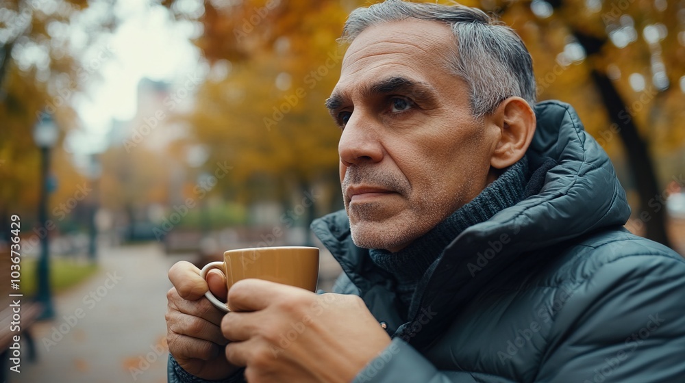 Middle-aged man with slight tremor holding cup of coffee on park bench, symbolizing struggle with Parkinson's disease, calm natural setting. Middle-aged man with slight tremor holding cup of coffee on park bench, symbolizing struggle with Parkinson's disease, calm natural setting.