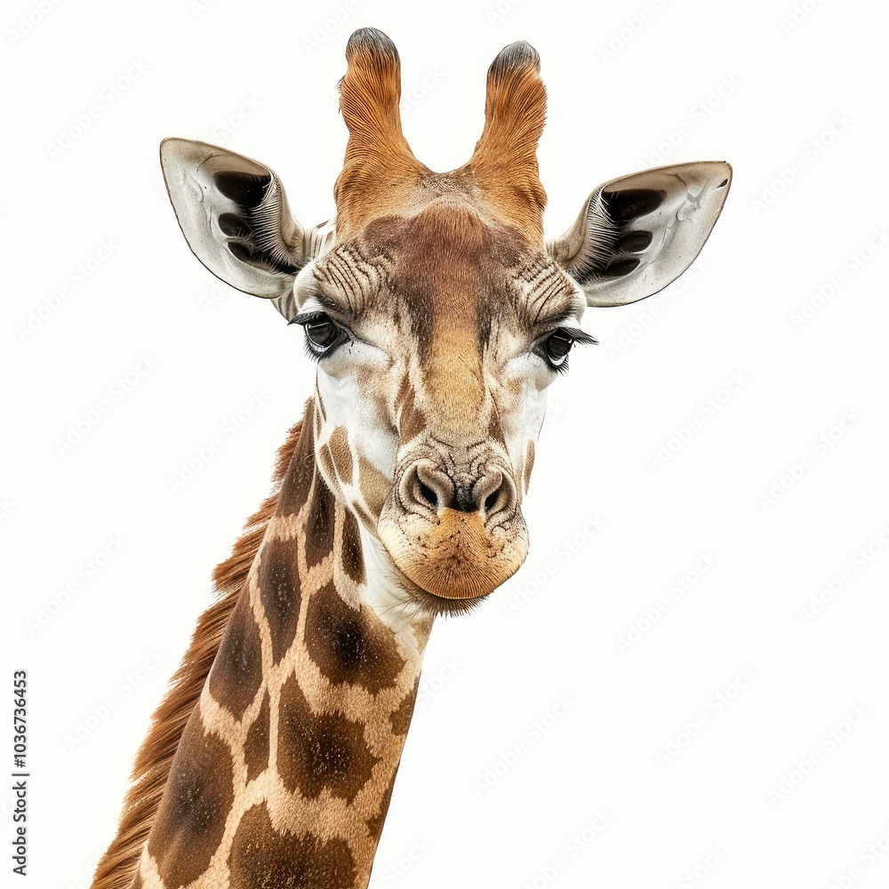 Obraz premium Giraffe is curiously looking forward on a white background