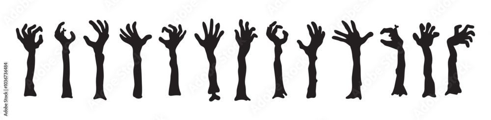 Fototapeta premium Zombie hands silhouettes. Halloween decor. Set doodle zombie hand