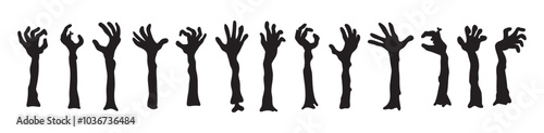 Zombie hands silhouettes. Halloween decor. Set doodle zombie hand