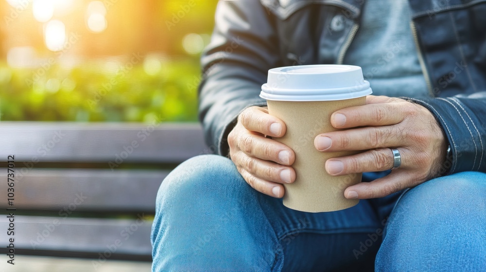 Middle-aged man with slight tremor holding cup of coffee on park bench, symbolizing struggle with Parkinson's disease, calm natural setting. Middle-aged man with slight tremor holding cup of coffee on park bench, symbolizing struggle with Parkinson's disease, calm natural setting.