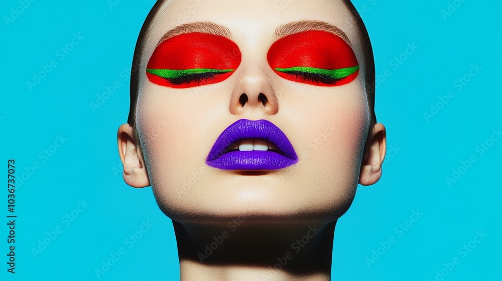 Vibrant Neon Portrait of Woman with Bold Makeup in Futuristic Lighting Vibrant Neon Portrait of Woman with Bold Makeup in Futuristic Lighting