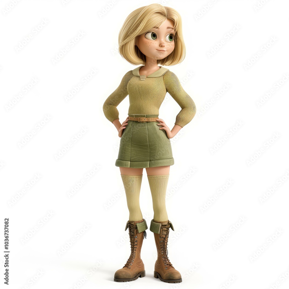 3d illustration featuring a young woman with blonde hair and freckles, wearing a casual outfit and boots, standing confidently with her hands on her hips 3d illustration featuring a young woman with blonde hair and freckles, wearing a casual outfit and boots, standing confidently with her hands on her hips