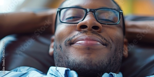 Content professional enjoying a peaceful break in the office after achieving sales objectives, reflecting on accomplishments and feeling fulfilled photo