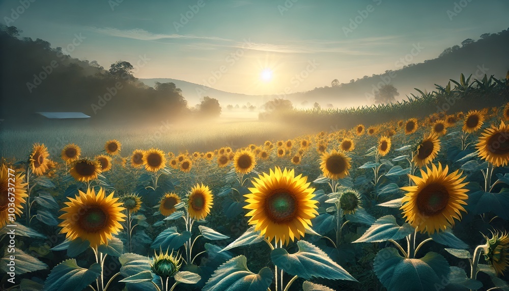 Obraz premium Sunflowers in the Cool Morning Light