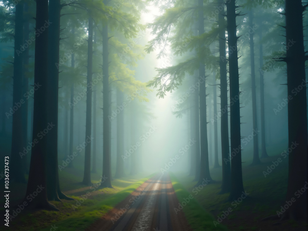 Obraz premium Sunbeams illuminating dirt road path through foggy forest