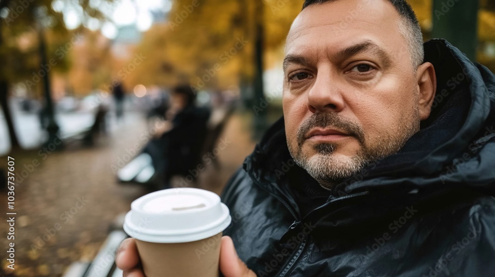 Middle-aged man with slight tremor holding cup of coffee on park bench, symbolizing struggle with Parkinson's disease, calm natural setting. Middle-aged man with slight tremor holding cup of coffee on park bench, symbolizing struggle with Parkinson's disease, calm natural setting.