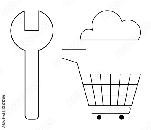 A simple black-and-white design shows a wrench, a cloud, and a shopping cart. Ideal for online shopping, technology integration, cloud services, digital tools, and software development themes