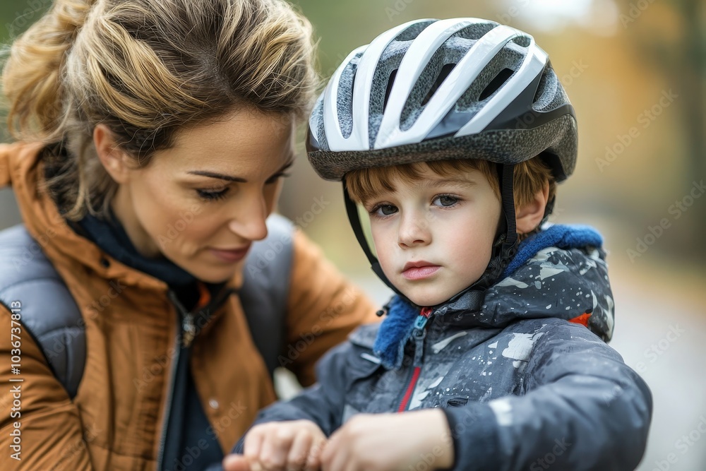 Mother puts her son protective helmet for riding bike, Generative AI Mother puts her son protective helmet for riding bike, Generative AI