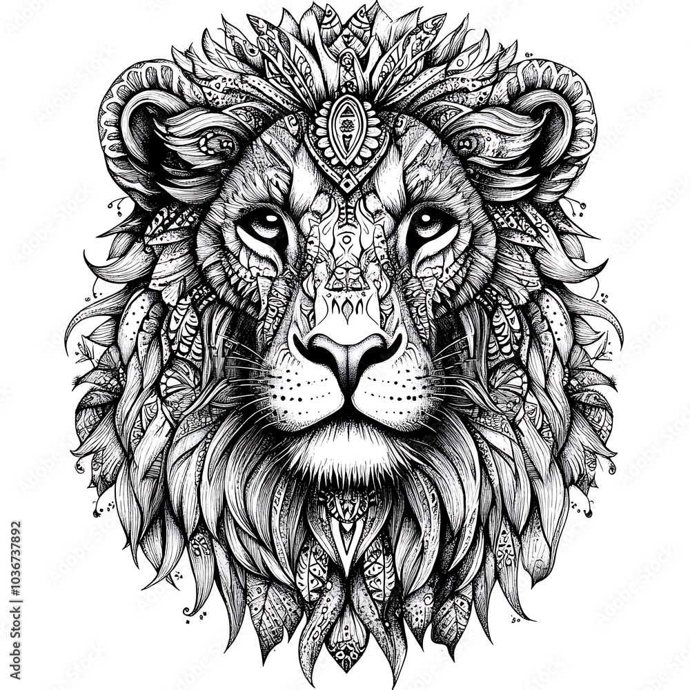 Black and white detailed line art illustration of a lion's face with intricate patterns. Black and white detailed line art illustration of a lion's face with intricate patterns.